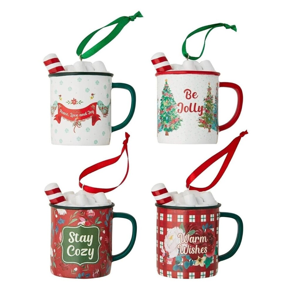Pioneer Woman Hot Cocoa Mugs Ornaments Ceramic 4-pc Christmas Holiday Gift NEW
